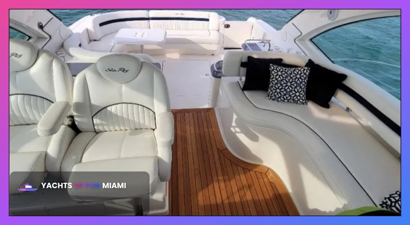 52ft premium yacht interior salon with full bar and comfortable seating for Miami Bahamas charters